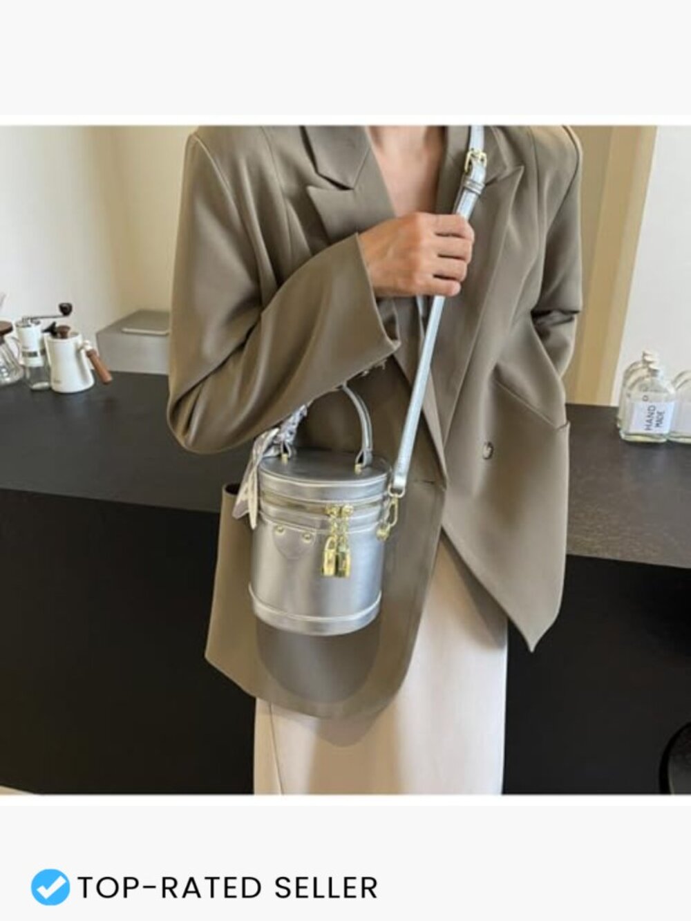 Mini Bucket Crossbody Bag Vegan Leather Gold Accents Zip Closure Adjustable - Picture 5 of 7